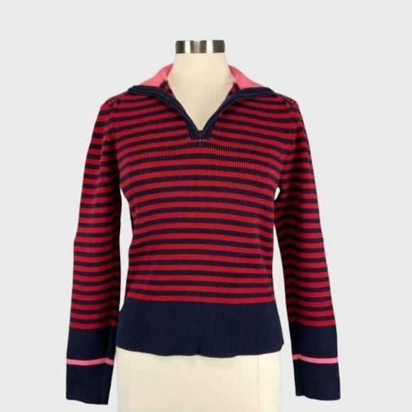 Tommy Hilfiger Womens Striped Red Blue Sweater Quarter Zip Collar size Large - Picture 1 of 11